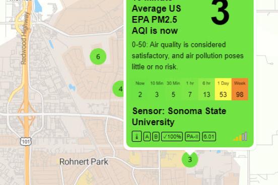 The reading on a map of the Purple Air sensor at SSU. The 10-minute average shows air quality of 3.
