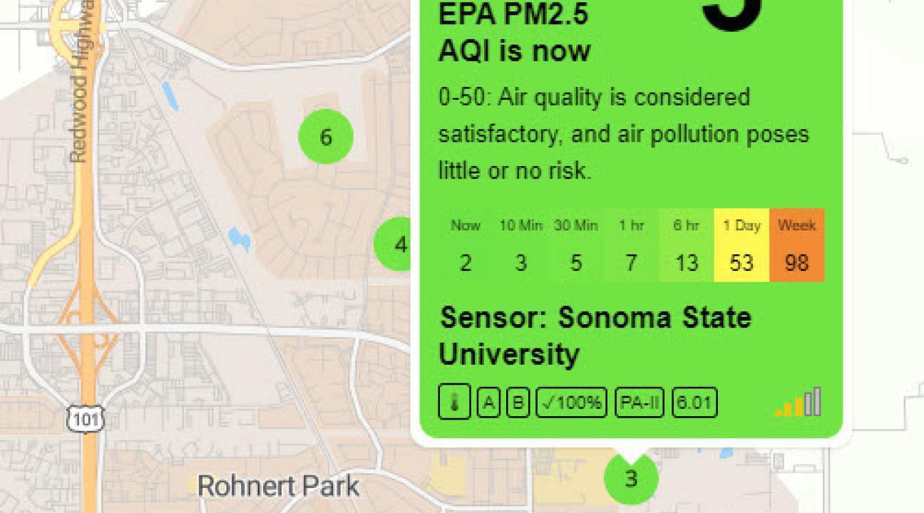 The reading on a map of the Purple Air sensor at SSU. The 10-minute average shows air quality of 3.