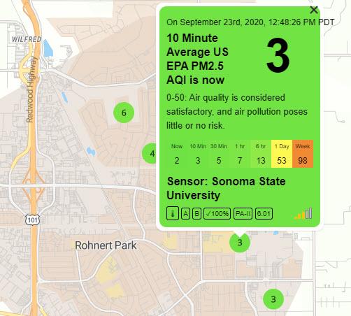 The reading on a map of the Purple Air sensor at SSU. The 10-minute average shows air quality of 3.